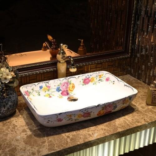 Europe style chinese wash basin vessel sinks Jingdezhen Art Counter Top ceramic basin sink sink art washbasins rectangular rose