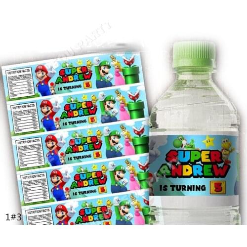 Customized Personalized 6PCS Super Bros Water bottle label kids Birthday Party Stickers Baby Shower candy bar decorations