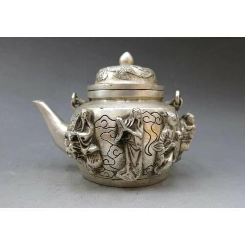 China silver handwork carved fine crane teapot Eight Immortals pot Statue