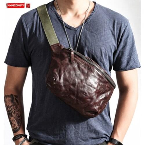 Retro messenger bag leather chest bag men waist bag youth mens tide chest pack bag trend casual first layer leather chest bags