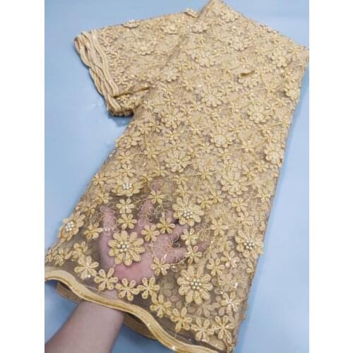 Gold Beaded Lace Fabric 2021 High Quality Nigerian Tulle Lace For Dress Latest French Net Lace African Brode Fabric 5yards