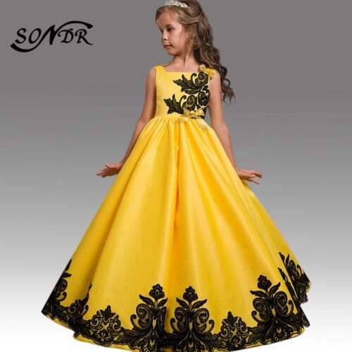 Lace Sleeveless Flower Girl Dress HT226 Boat Neck Kids Party Dresses Solid Yellow Princess Ball Gown Bow Zipper Elegant Gowns