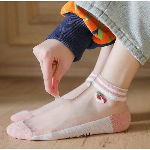 Summer Women Fruit Print Glass Silk Socks Ultrathin Breathable Ankle Socks Comfortable Fashion Transparent Korea Style Socks