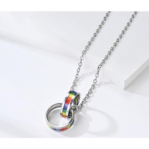 Love Pride Gay Lesbian Flag Pendant Rainbow Double Rainbow Rings Lovers Necklack R2LE