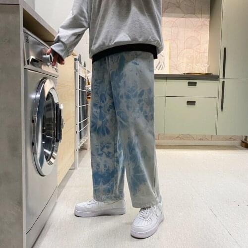 2021 Mens Gradual Dyed Color Straight Pants Loose Baggy Homme Casual Pants Classic Cargo Pocket Jeans Biker Denim Trousers S-XL