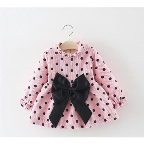 Autumn and winter new girls long-sleeved dress waist bow polka dot dress female baby cute A-shaped dress