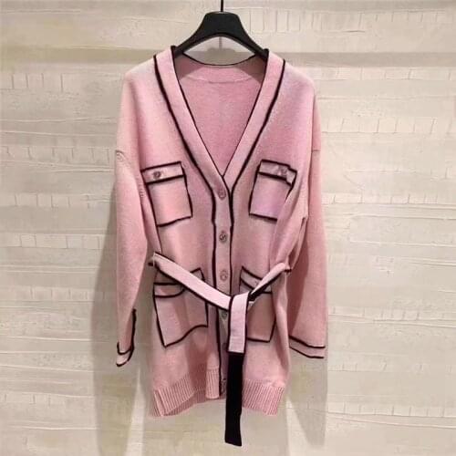 Runway Pink Knit With Belt Jacket Elegant Design Women Sweater V-neck Long Sleeve Single Breasted Stripes Cardigan