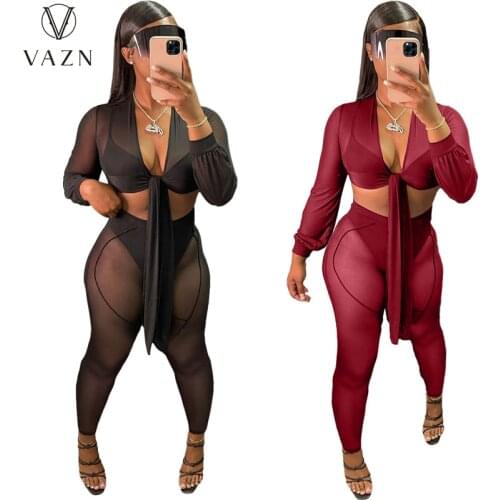 VAZN 2021 Transparent Straight Solid Bandage Full Sleeve Long Pant V-neck Regular Tracksuits Young Fashion Women 2 Piece Set