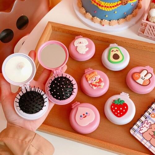 Cute Cartoon Mini Folding Mirror Comb Comfortable Round Airbag Massage Comb Korean Style Girls Hair Brush
