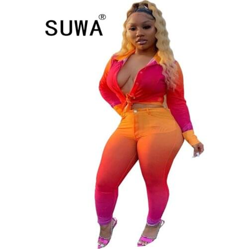 Tie Dye Shirt Blousers Long Sleeve Top And Skinny Pencil Pants Fashion Office Lady Two Piece Outfits For Women’S Sets