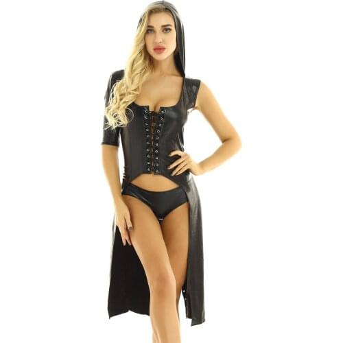 Sexy Women Faux Leather Hoodie Cape Long Dress Front Open Jumpsuit Gothic Hooded Lace Up Catsuit Fetish Costume