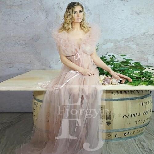 Ruffles V-Neck Sleeveless Sexy Sheer Maternity Dresses for Photoshoots Woman Tulle Robes 2021 Pregnant Dress Custom Made