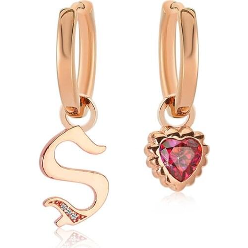 Valori Jewels Letter And Heart, Zirconia Red Gemstone, Rose Gold Plated, Sterling Silver Small Plain Hoop Charm Earrings