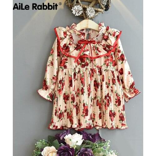 Girls Chiffon Floral Dress Autumn 2021 New Childrens Foreign Style Little Girl Pleated Princess Skirt
