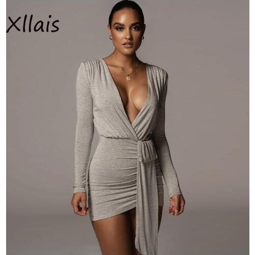 XLLAIS Good Quality Knitted Gray Party Dresses Women Sexy Long Sleeve V-Neck Mini Vestidos Lady Casual Bodycon Slim Soft Clothes