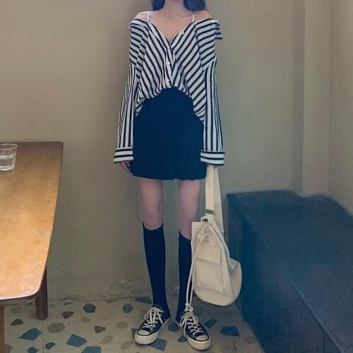 Women Korea Chic Simple Long-Sleeved Shirt Spring Autumn Casual Ladies Striped Off-Shoulder Design 2021 Retro New Blouses