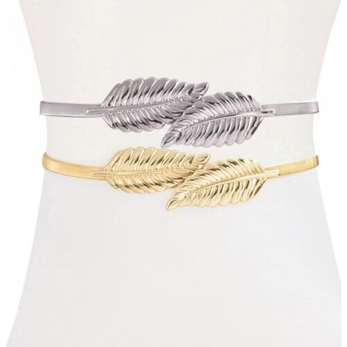 Women Belts Vintage Elastic Leaf Shape Wedding Design Clasp Summer Style Stretch Skinny Metal Waist Gold/Silver