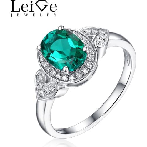 Leige Jewelry Green Emerald Ring for Women Silver 925 Oval Cut Classic Wedding Promise Rings with Stone Christmas Gift