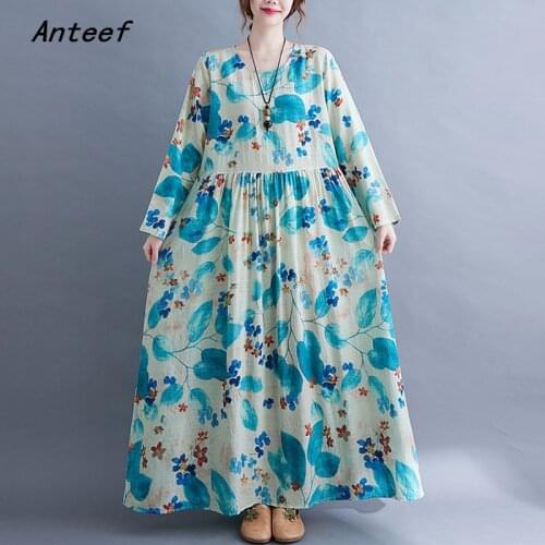 Anteef long sleeve cotton vintage floral dresses for women casual loose woman summer spring autumn dress elegant clothing 2021