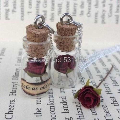 12pcs/lot Tale As Old As Time Red Rose in a Bottle Necklace inspired by Beauty and the Beast