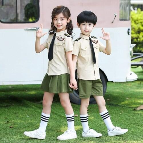 2019 New Child Clothing Kindergarten Uniform For Boys Girls School Uniform 2pcs Military Training Clothing With Tie &Hat SL1072