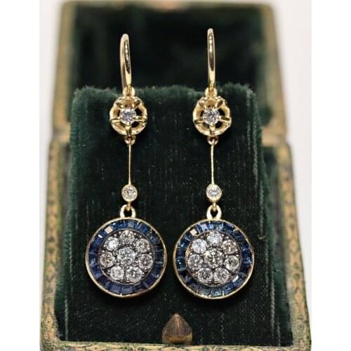 ART DECO STYLE NEW MADE 14K GOLD NATURAL DIAMOND AND CALIBER SAPPHIRE EARRING