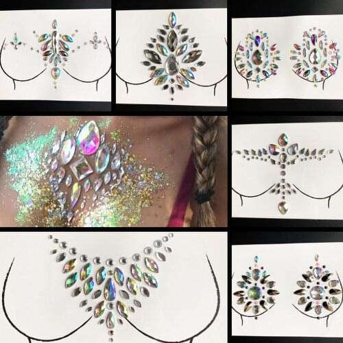 Glitter Purple Gem Breast Temporary Shiny Jewel Nipple Ornament For Women Trend Party Chest stereoscopic Crystal Tattoo Sticker