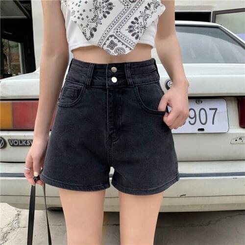 Double Buttons Summer Denim Jeans Shorts Women High Waist Straight Short Pants Loose Pockets Casual Denim Shorts Streetwear