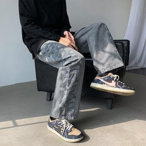 Jeans homme men new summer 2021 thin straight tube loose high waist show thin cashew flower wide leg daddy pants streetwear