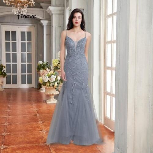 Finove 2020 Womens Evening Dress Beading Embroidery Mermaid Dress Sexy V-neck Halter Backless Long Dress Party Gown Robe