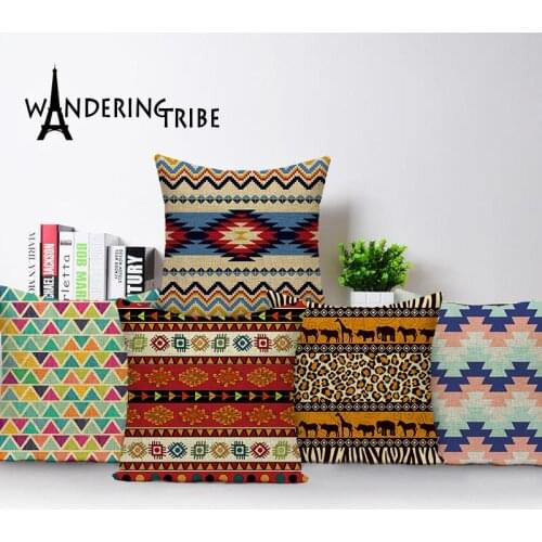 Square colorful Home Cushion Decorative soft seat car Covers linen Blue lotus Retro leaf birds suit cushion Geometric pillow