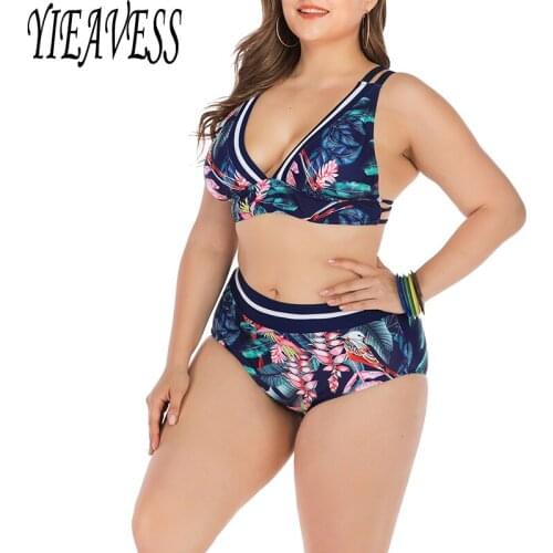 Print Halter Bikini Set L-4XL Plus Size Women Swimsuits High Waist Brief Padded Bathing Suits 2020 Tankinis