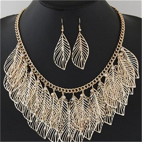 Classical Brand jewelry sets trendy party wedding Antient Gold Silver Leaves Statement necklaces earrings sets for women