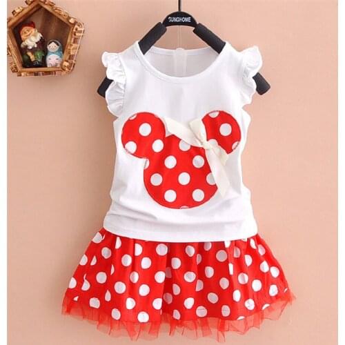 LUCKKIDS Mickey Skirt + T-Shirt Suit Outfit Fly Sleeves Polka Dot Clothes Summer Vibe Lace Birthday Gift 2-6T
