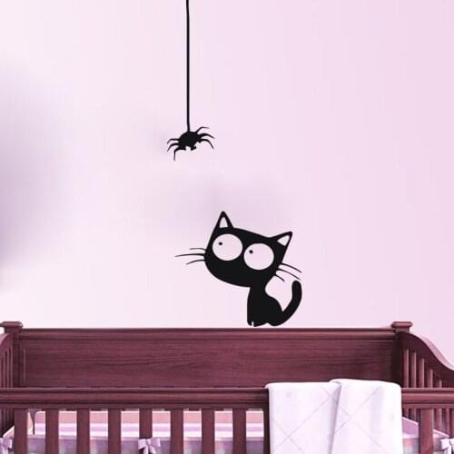 Cute Kitten Watching A Spider Wall Sticker Kids Room Children Nursery Bedroom Wall Decals Cat Home Decor Art Murals