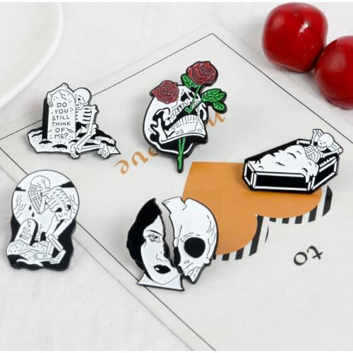 MINGQI Skull Face Enamel Pin Rose Dead Lovers Coffin Badge Brooch Lapel Pins Denim Jeans Shirt Bag Punk Women Jewelry Gift