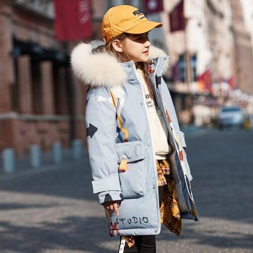 Fashion Girl Winter Blue Graffiti Printed Down Cotton Jacket Girl Big Fur Collar Thick Warmth Thick Parker Hooded Cotton Jacket