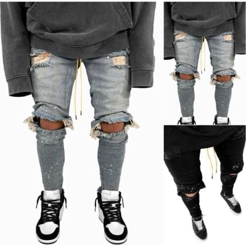 Fashion Mens Slim Fit Ripped Skinny Jeans Stretch Denim Pants Casual Distressed Trousers