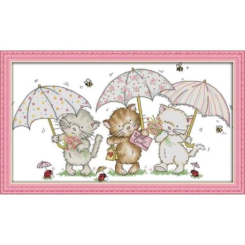 JoySunday Three cats with umbrellas count cross stitch kit Aida 14ct 11ct cartoon pattern DIY handmade needlework embroidery set