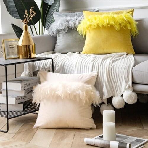 Beige Gray Pink Pillow Cover with Feather Home Decor Velvet Cushion Cover Decoration Pompom Throw Pillowcase Pillowsham 45x45CM
