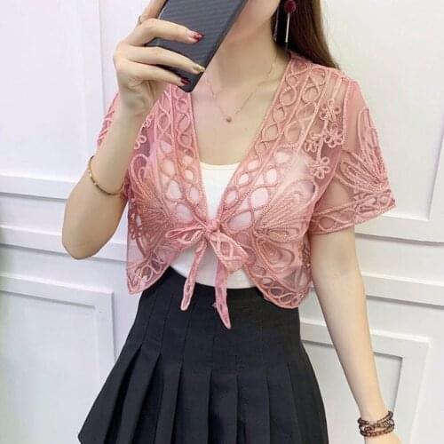 2021 New Spring Autumn Shawl Summer Short Versatile Lace Sunscreen Thin Cardigan Casual Dress For Women Girls Gauze Vest Pink