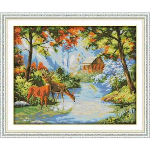 Deer tweet at the creek cross stitch kit aida 14ct 11ct count printed canvas stitches embroidery DIY handmade needlework