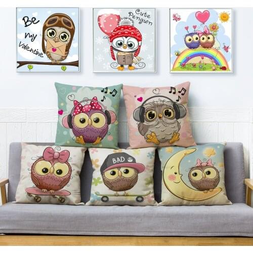 Cute Cartoon Cushion Cover Bird Owl Print Pillow Case Beige Linen Pillows Covers 45*45cm Square Car Office Home Decor Pillowcase