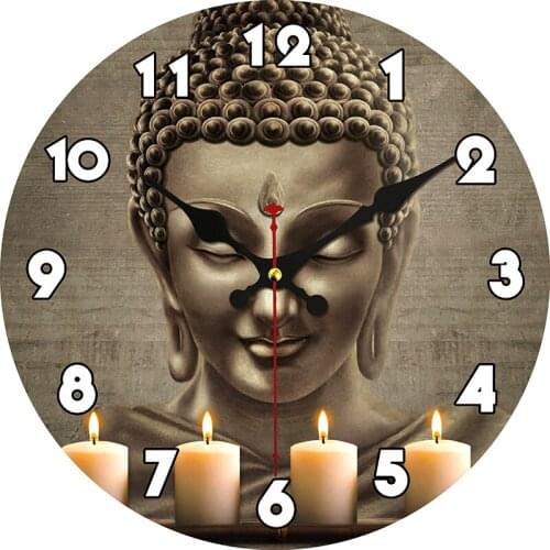 Buddha Head Sculpture with Cancle Asia Style Belief Wooden Wall Clock Country Tuscan Decorative Non-Ticking Large Clock