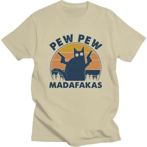 Vintage Pew Pew Madafakas T Shirt Men Pre-shrunk Cotton Fashion Tshirt Handsome Tee Tops Short Sleeves Funny Black Cat T-shirt