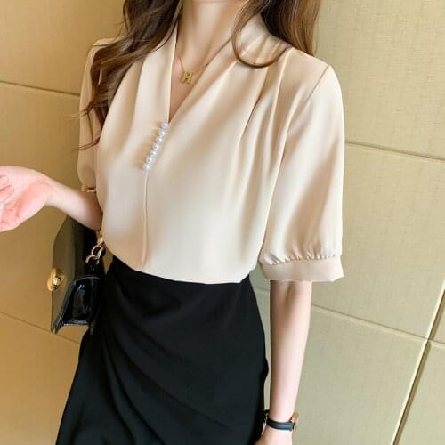 Summer Blusas Mujer Fashion Pearls Beading V Neck Blouse Women Short Sleeve Chiffon Blouses Shirt Korean Office Lady Tops Female