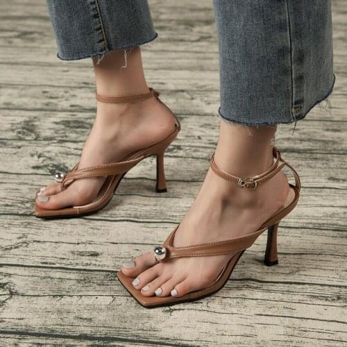 2021 Ankle strap ladies sandals summer skinny fashion clip toe thong high heel shoes sandals narrow strap party female fine heel