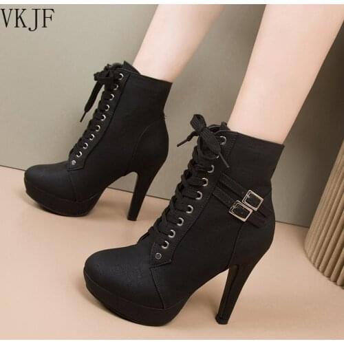 Plus Size Ankle Boots Women Platform High Heels Female Lace Up Womens Shoes Buckle Woman Short Boot Ladies Footwear