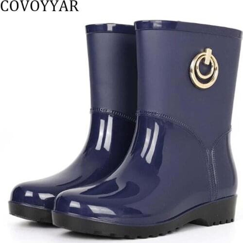 COVOYYAR Rain Boots Women Metal Decoration Ladies PVC Mid-calf Boots Waterproof Rainboot Non-Slip Low Heel Women Shoes WBS4039