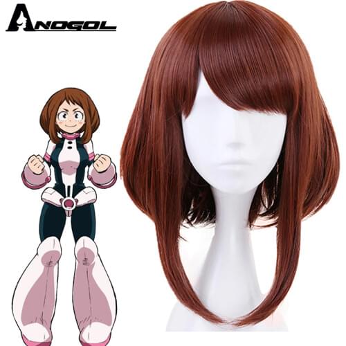 Anogol My Hero Academia OCHACO URARAKA Auburn Orange Short Straight Bob Synthetic Cosplay Wig For Role Play Halloween Costume
